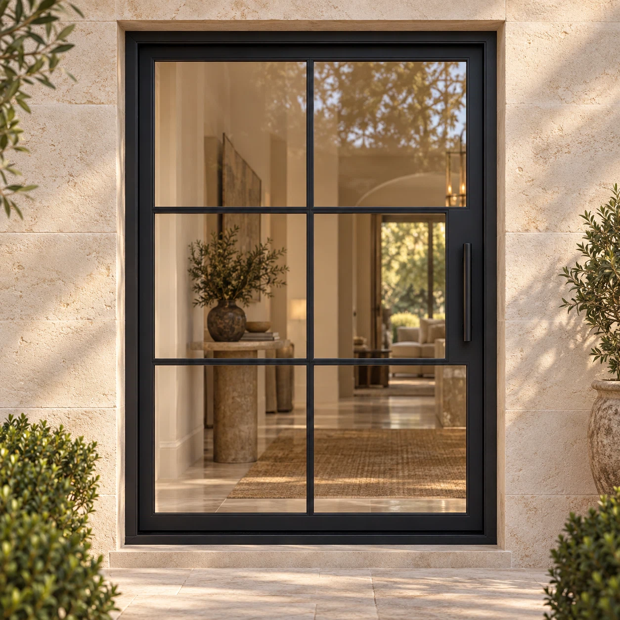 Black 6-Lite pivot steel door in a limestone courtyard entrance — lifestyle visualization