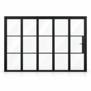 3S 5-panel black cold-rolled steel bifold door on a white background — product visualization