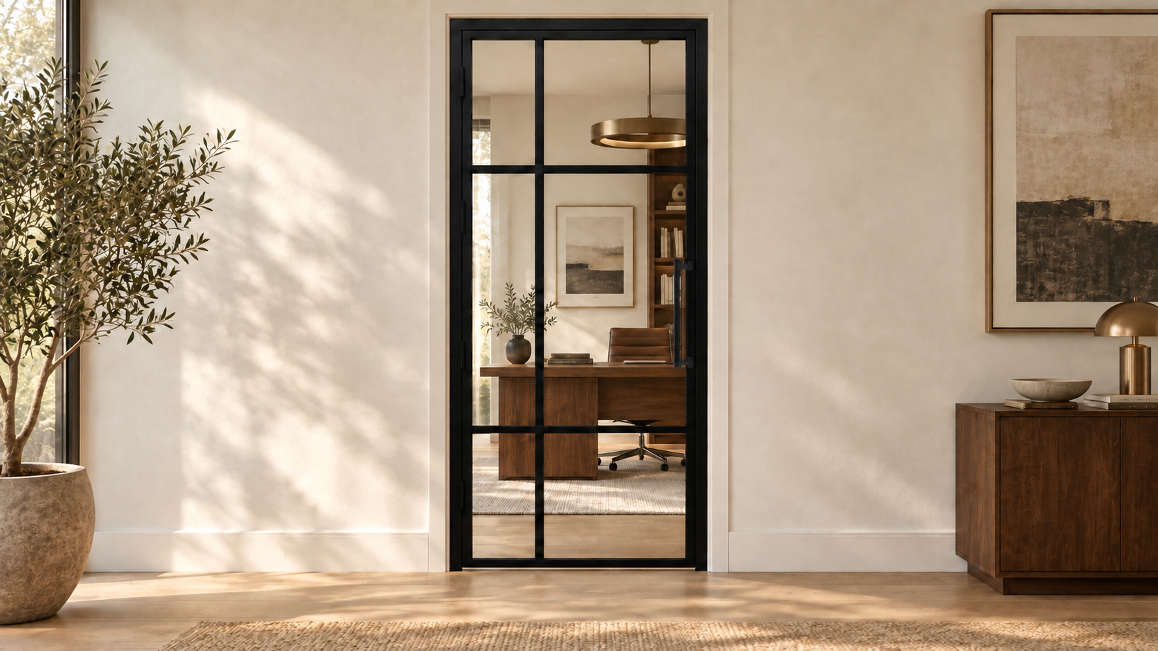 6 Lite offset-grid single interior steel door with included rectangular pull – office