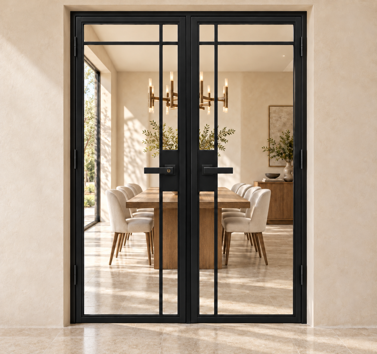 USABD 5 Lite interior steel double door with offset side and top dividers and included lever hardware — dining