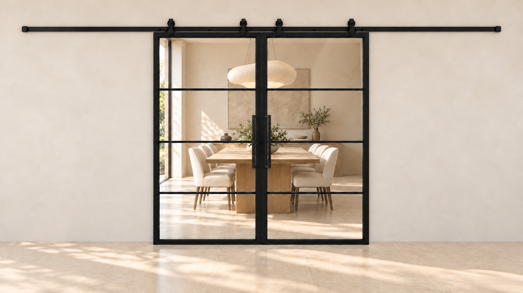 USABD 4 Lite interior double barn door with included rectangular pulls — dining view