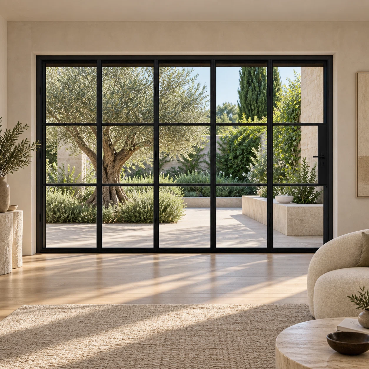 3S 5-panel black cold-rolled steel bifold door in an ivory living room overlooking an olive courtyard — lifestyle visualization
