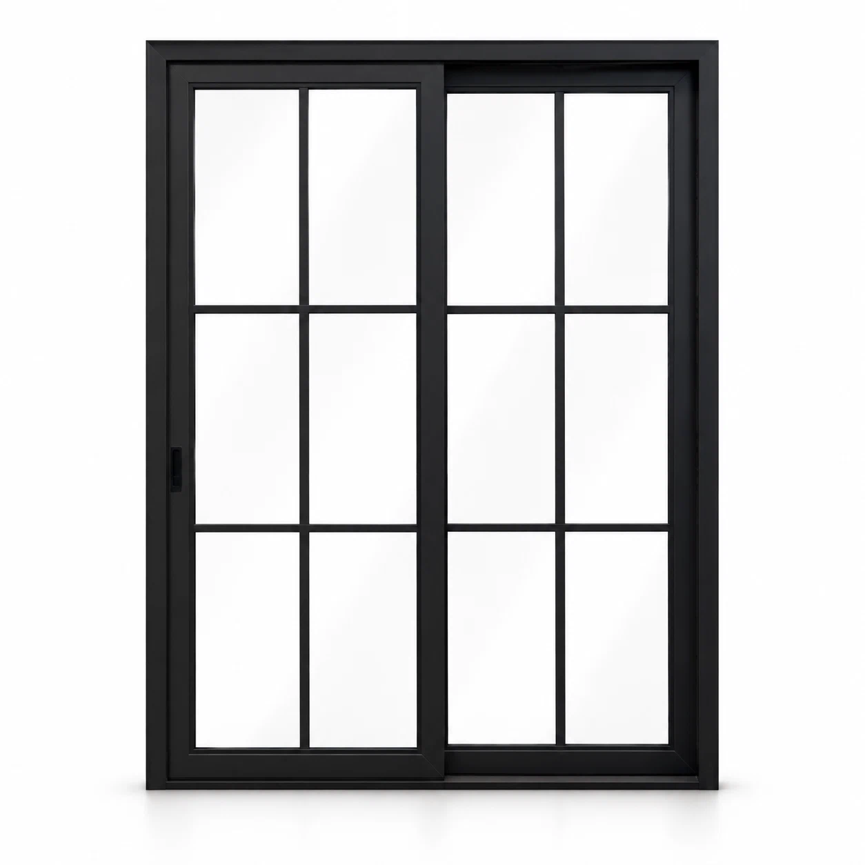 6-lite 2-panel black steel sliding door on white background — product visualization