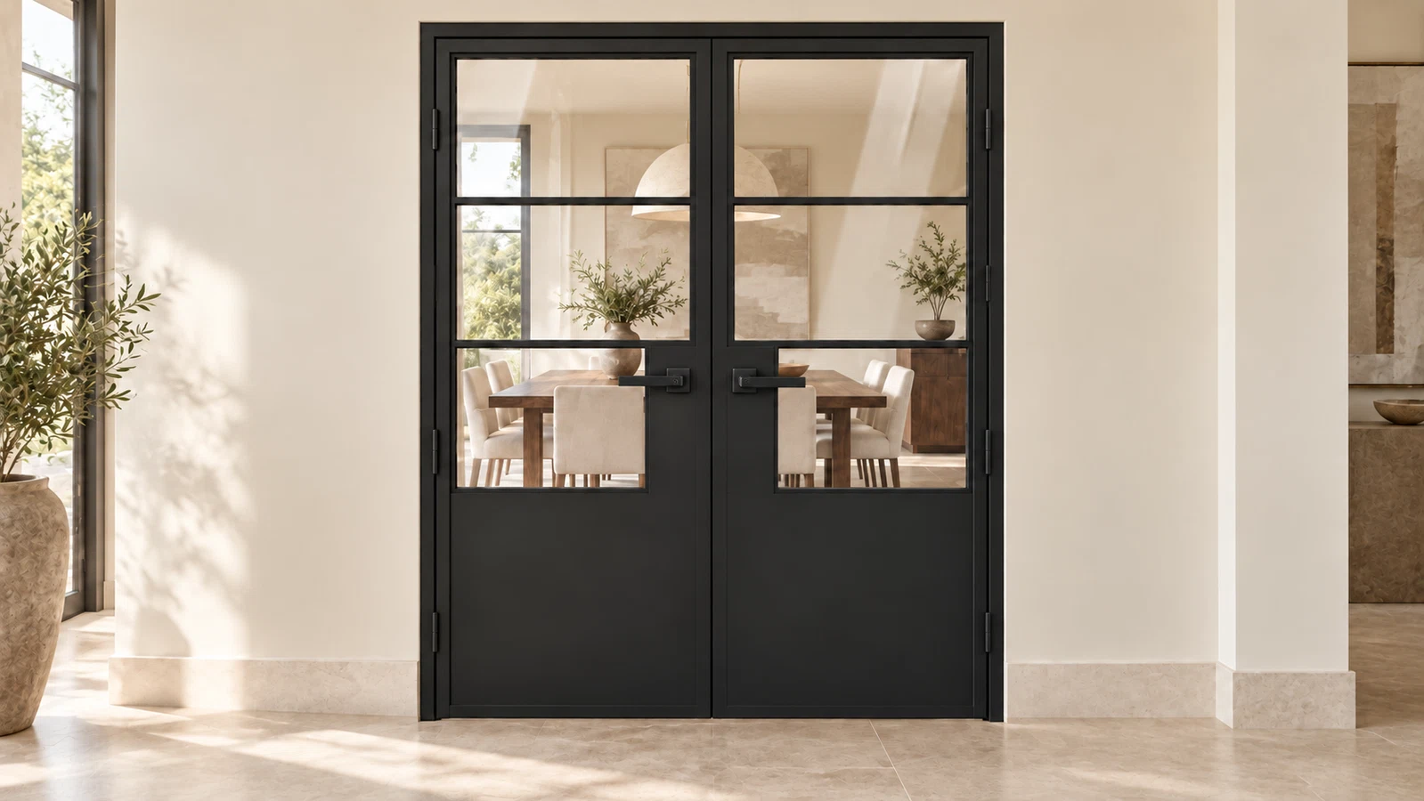 USABD 3 Lite Interior Steel Double Door with tall bottom panels and included rectangular lever hardware — dining