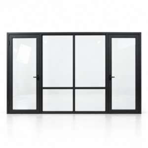 Full-lite dual single steel doors with divided fixed center — studio AI design visualization; hardware illustrative