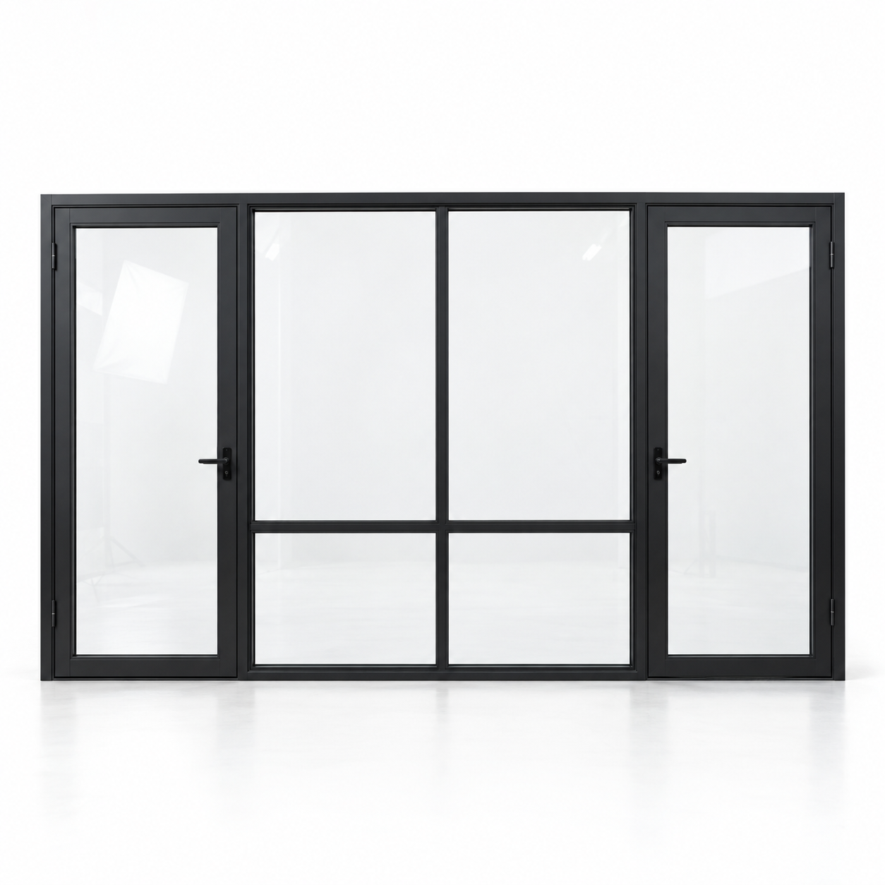 Full-lite dual single steel doors with divided fixed center — studio AI design visualization; hardware illustrative