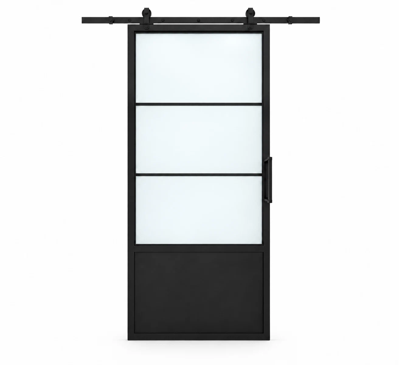 USABD 3 Lite frosted interior barn door with steel lower panel and included rectangular pull — studio