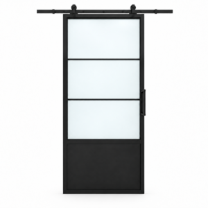USABD 3 Lite frosted interior barn door with steel lower panel and included rectangular pull — studio