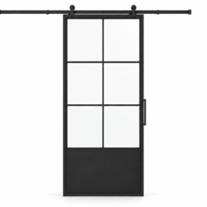 6 Lite single interior steel barn door with solid lower panel and included rectangular pull — studio