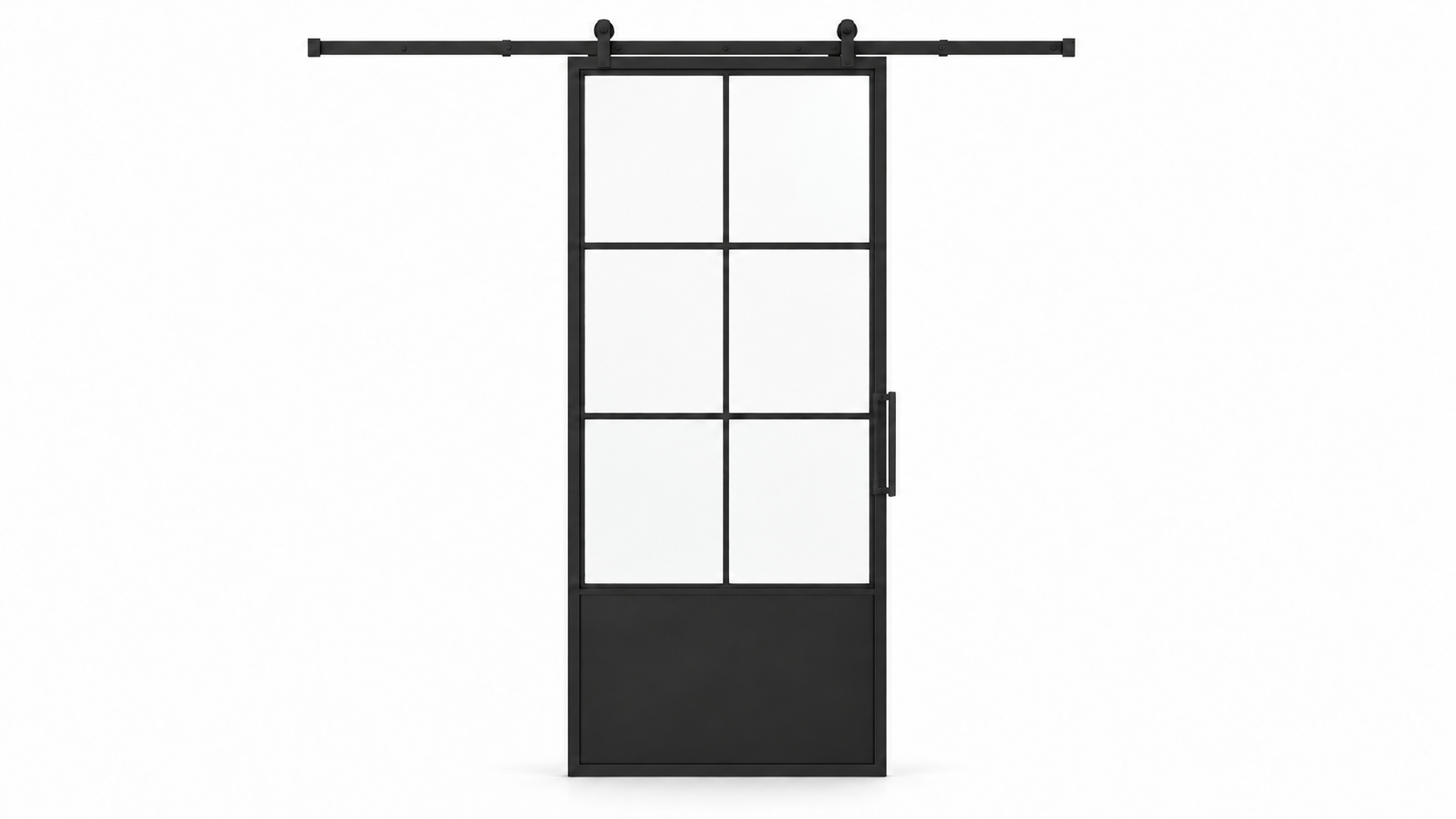 6 Lite single interior steel barn door with solid lower panel and included rectangular pull — studio