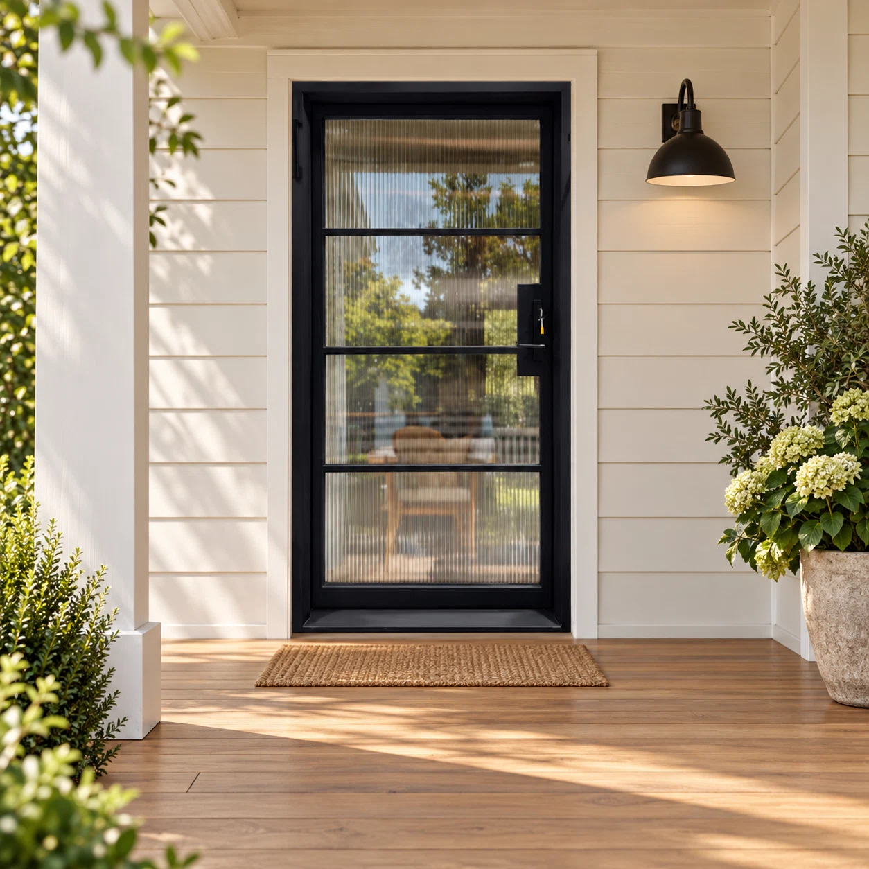 Reedhaven four-lite single iron French door in a luxury farmhouse setting — design visualization
