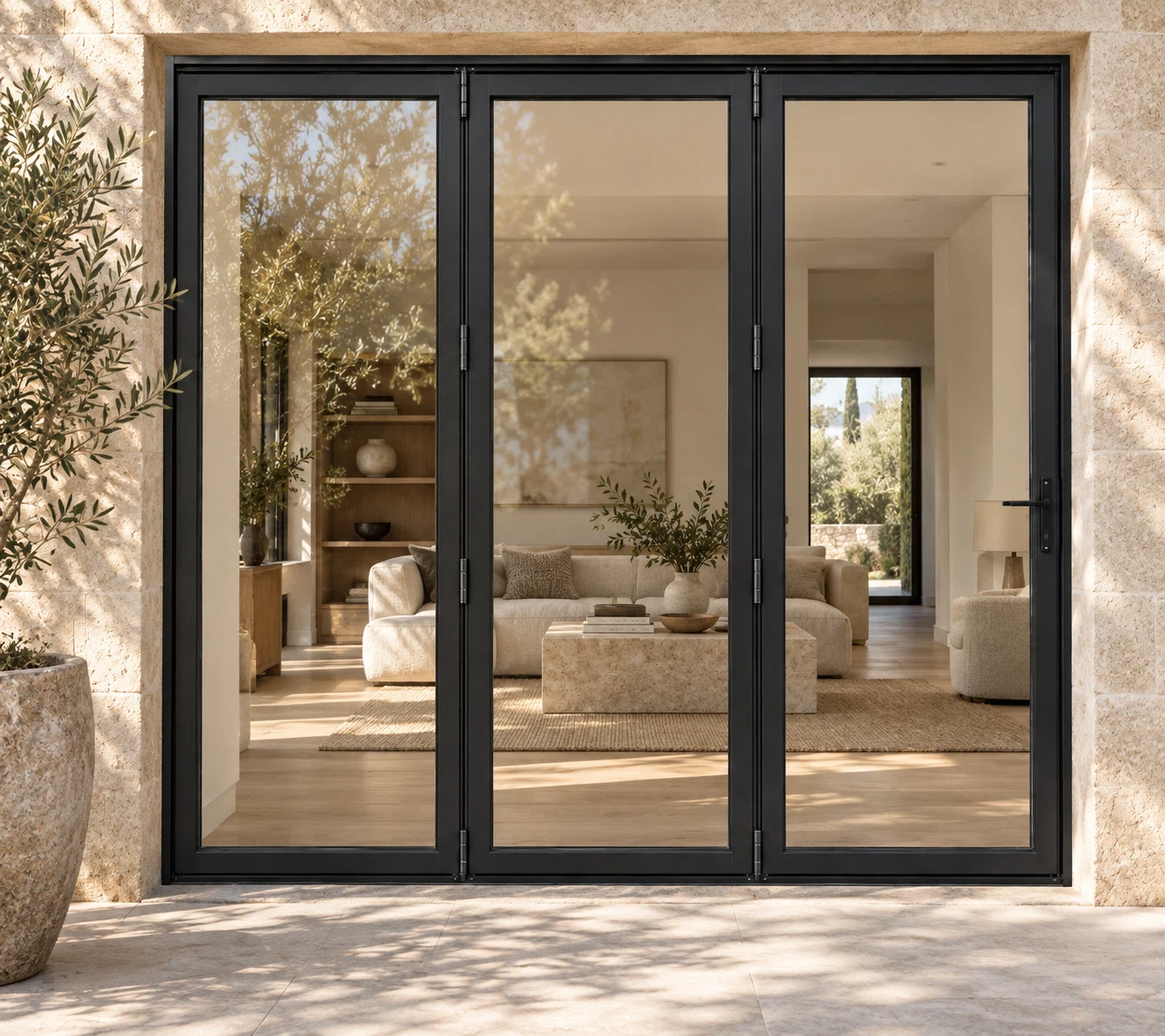 Full lite three-panel steel bifold door, three undivided panes — villa AI design visualization