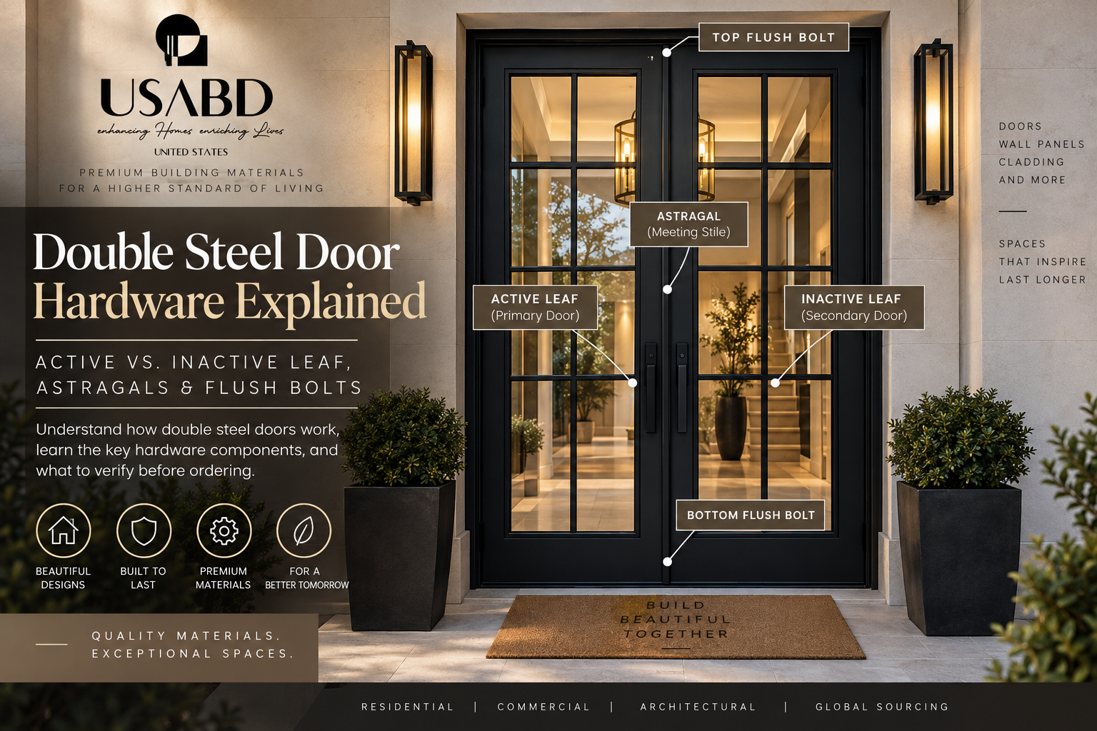 Double Steel Door Hardware Explained: Active vs. Inactive Leaf, Astragals & Flush Bolts