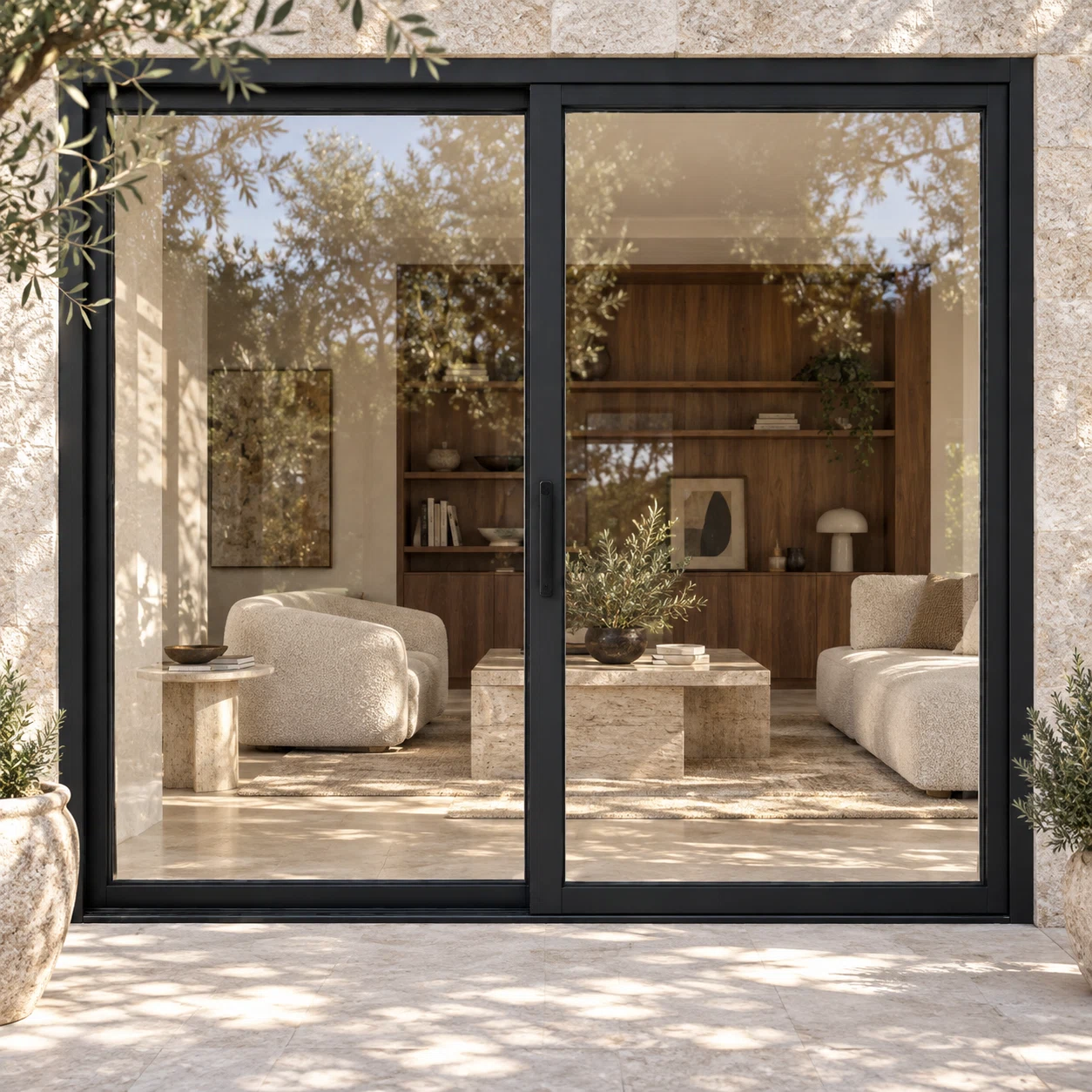 Full lite two-panel steel lift-and-slide door — villa AI design visualization