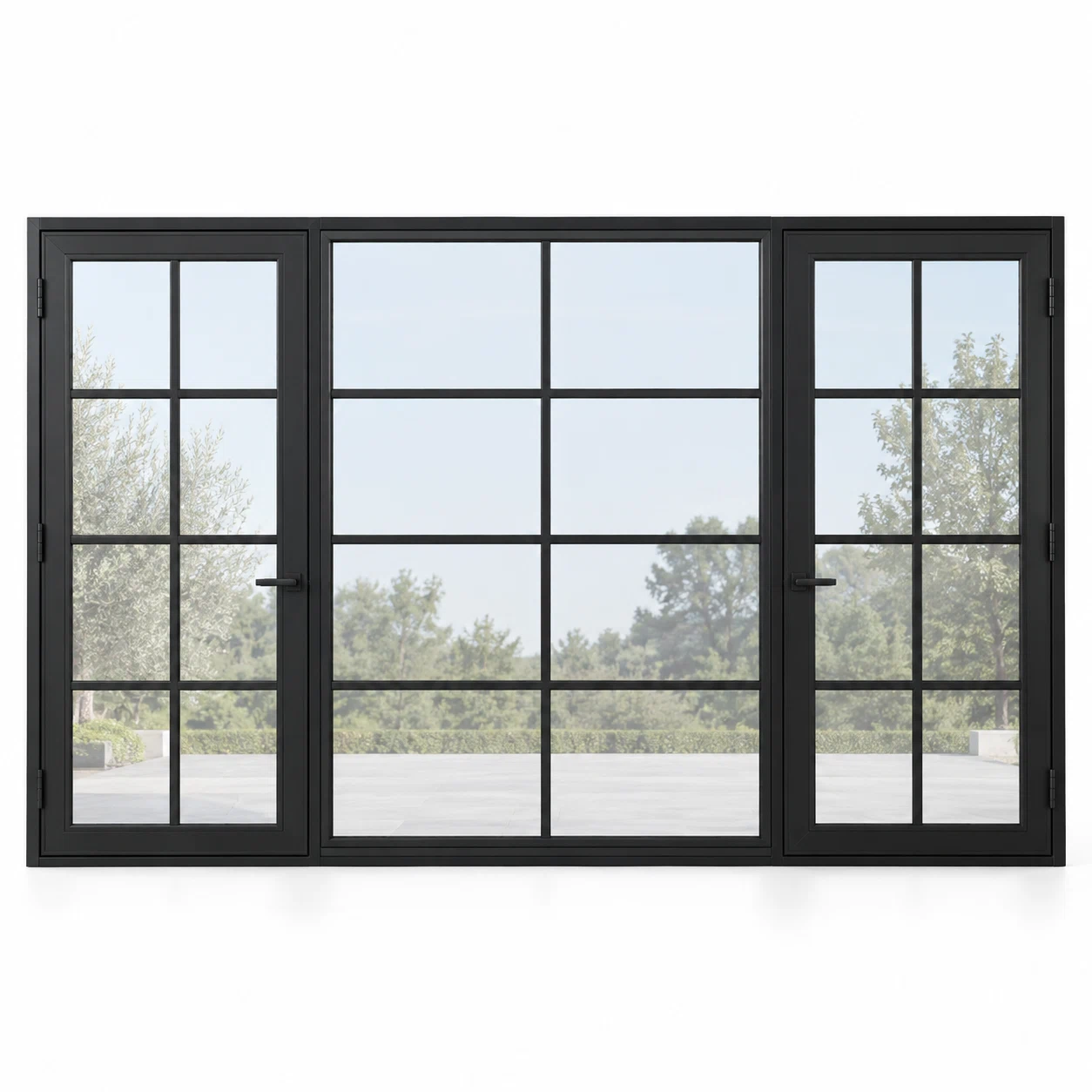 Eight-lite dual single steel doors with eight-lite fixed center — studio AI design visualization; hardware illustrative