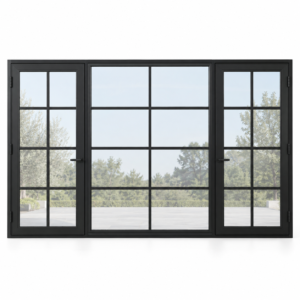 Eight-lite dual single steel doors with eight-lite fixed center — studio AI design visualization; hardware illustrative
