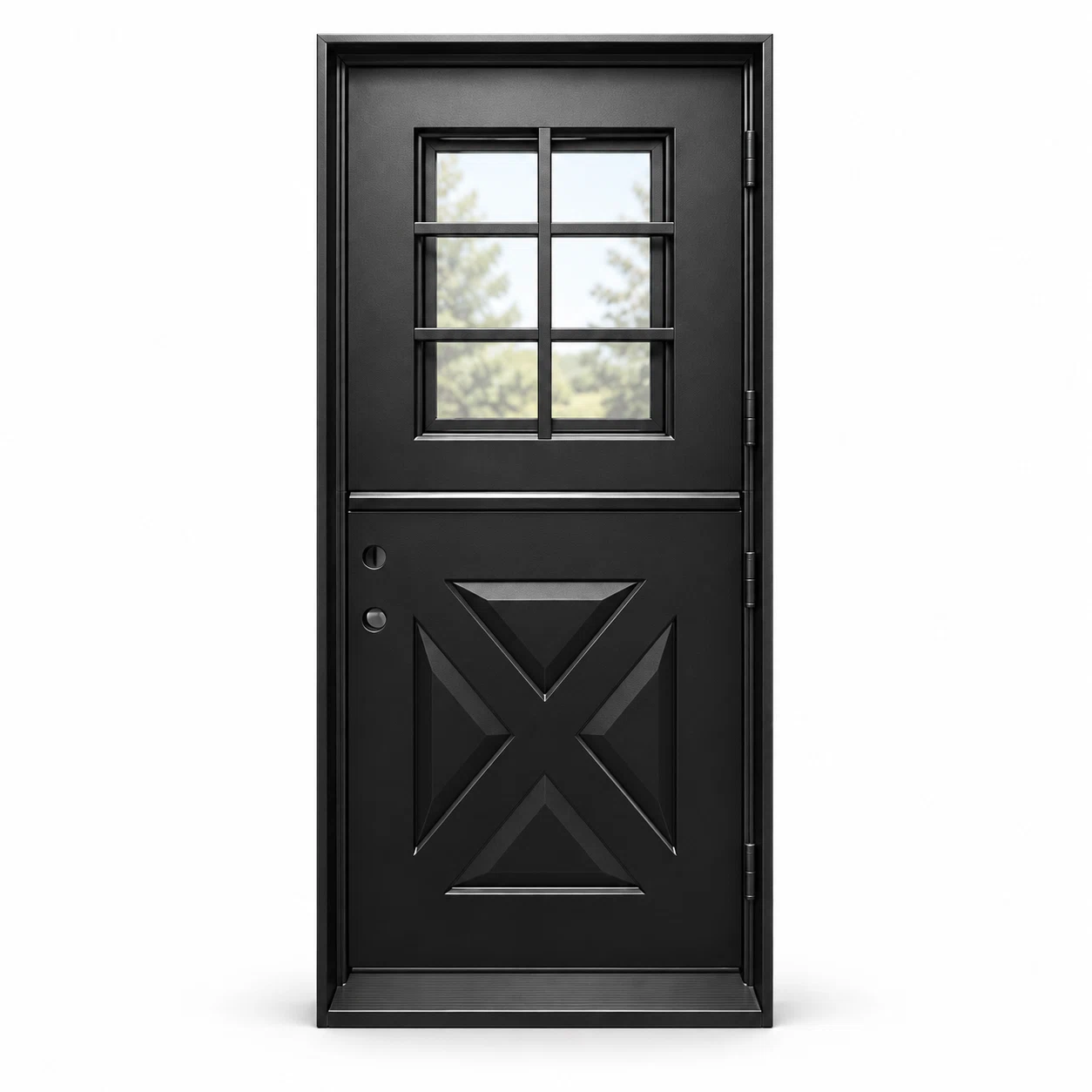 Black Alder single steel Dutch door with six-lite upper glazing and solid crossbuck lower panel on white background — product visualization
