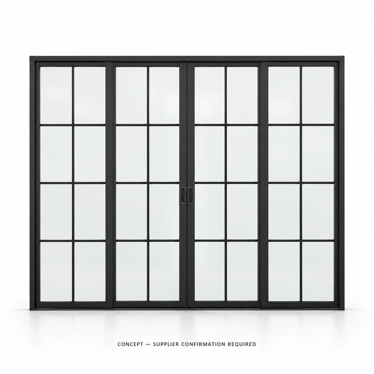 D038 32-pane pocket-slider studio CONCEPT ONLY — supplier confirmation required; not verified construction.