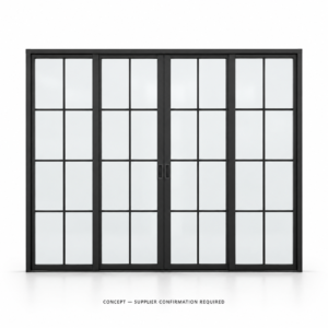 D038 32-pane pocket-slider studio CONCEPT ONLY — supplier confirmation required; not verified construction.