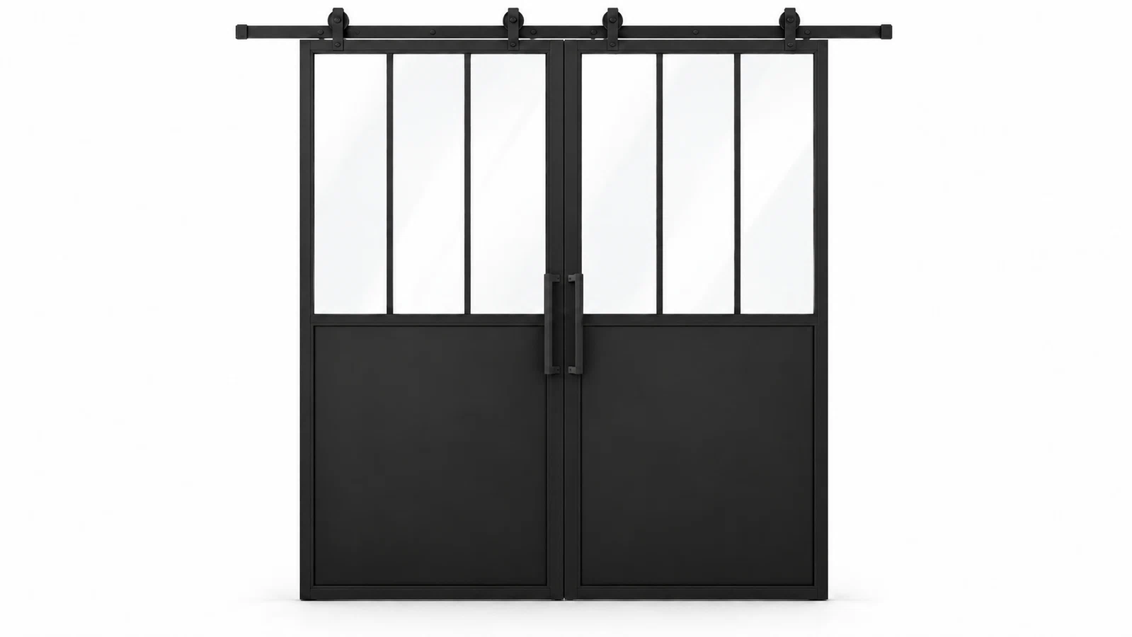USABD 3 Lite Interior Steel Double Barn Door with three vertical panes per leaf and included rectangular pulls — studio