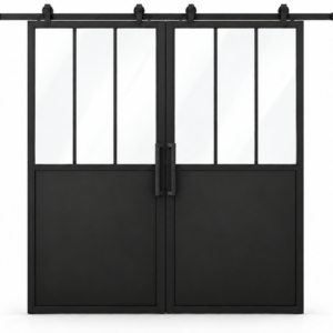 USABD 3 Lite Interior Steel Double Barn Door with three vertical panes per leaf and included rectangular pulls — studio