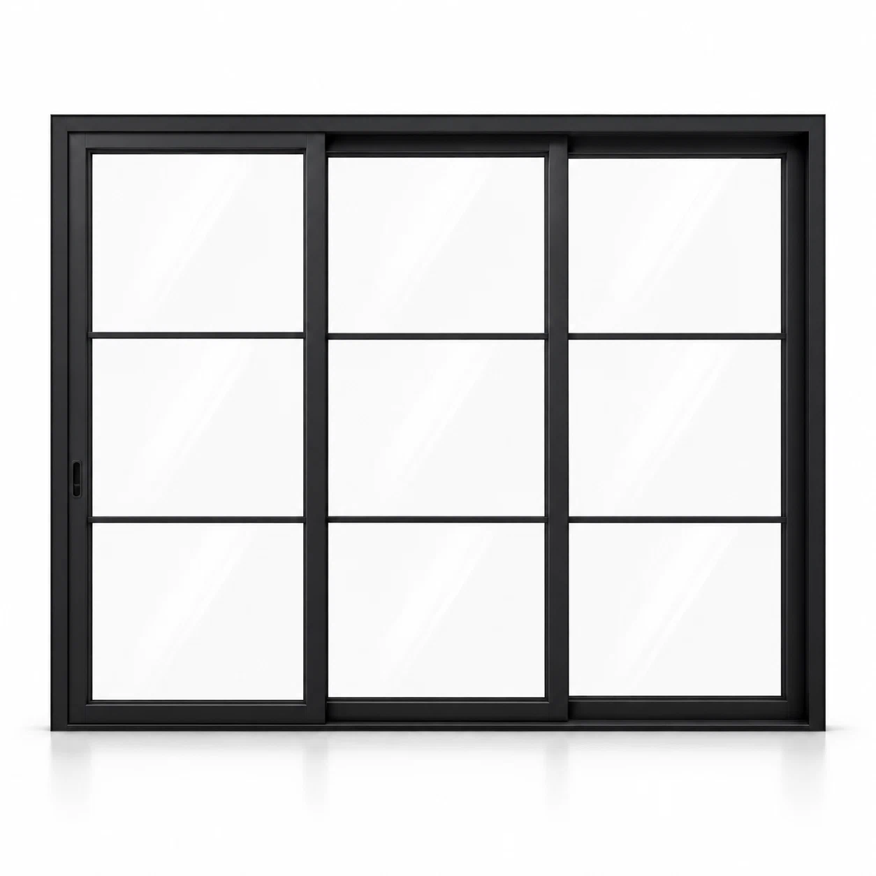 3-lite 3-panel black steel sliding door on white background — product visualization