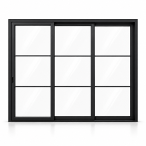 3-lite 3-panel black steel sliding door on white background — product visualization
