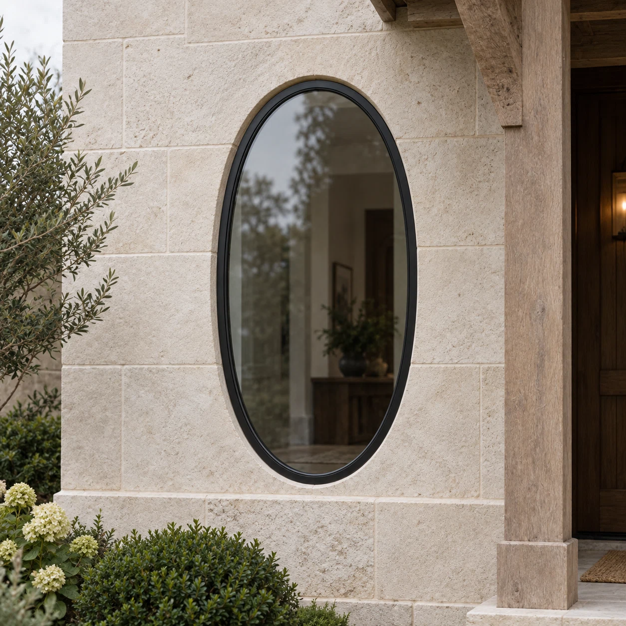 Oval fixed steel window — entry architectural visualization