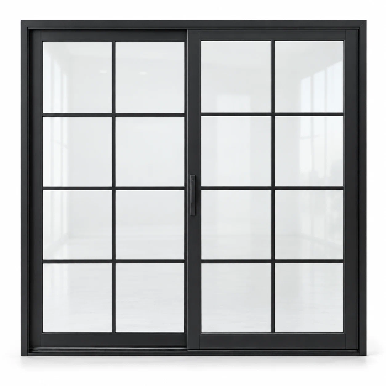 8 lite two-panel steel lift-and-slide door, 16 panes total — studio AI design visualization