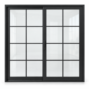 8 lite two-panel steel lift-and-slide door, 16 panes total — studio AI design visualization