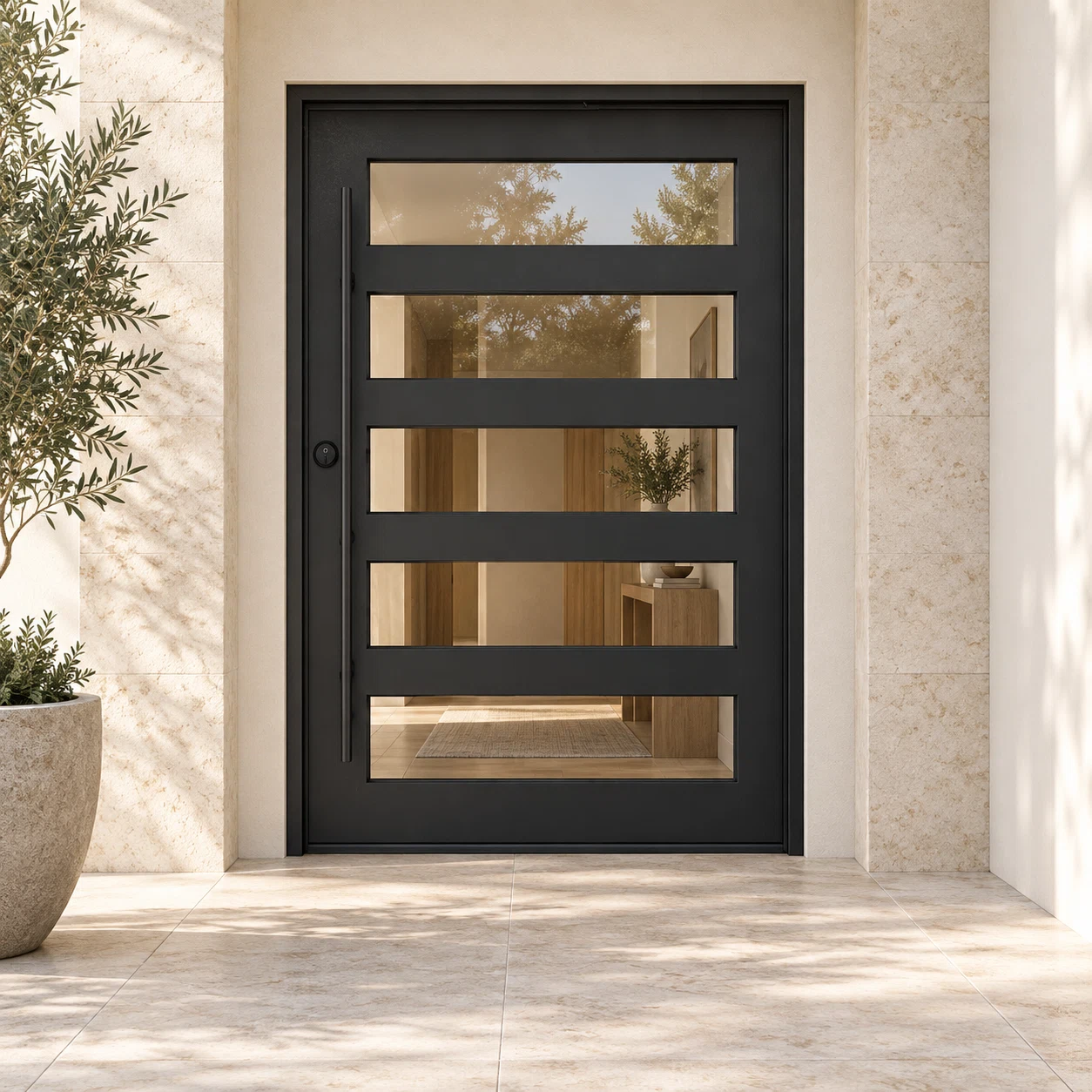Parkline Pivot Steel Door at a limestone luxury home entrance — product visualization