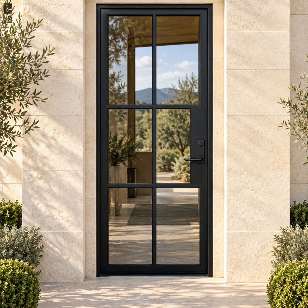 Lite 6 Single thermally broken black steel door in a luxury limestone exterior — lifestyle visualization