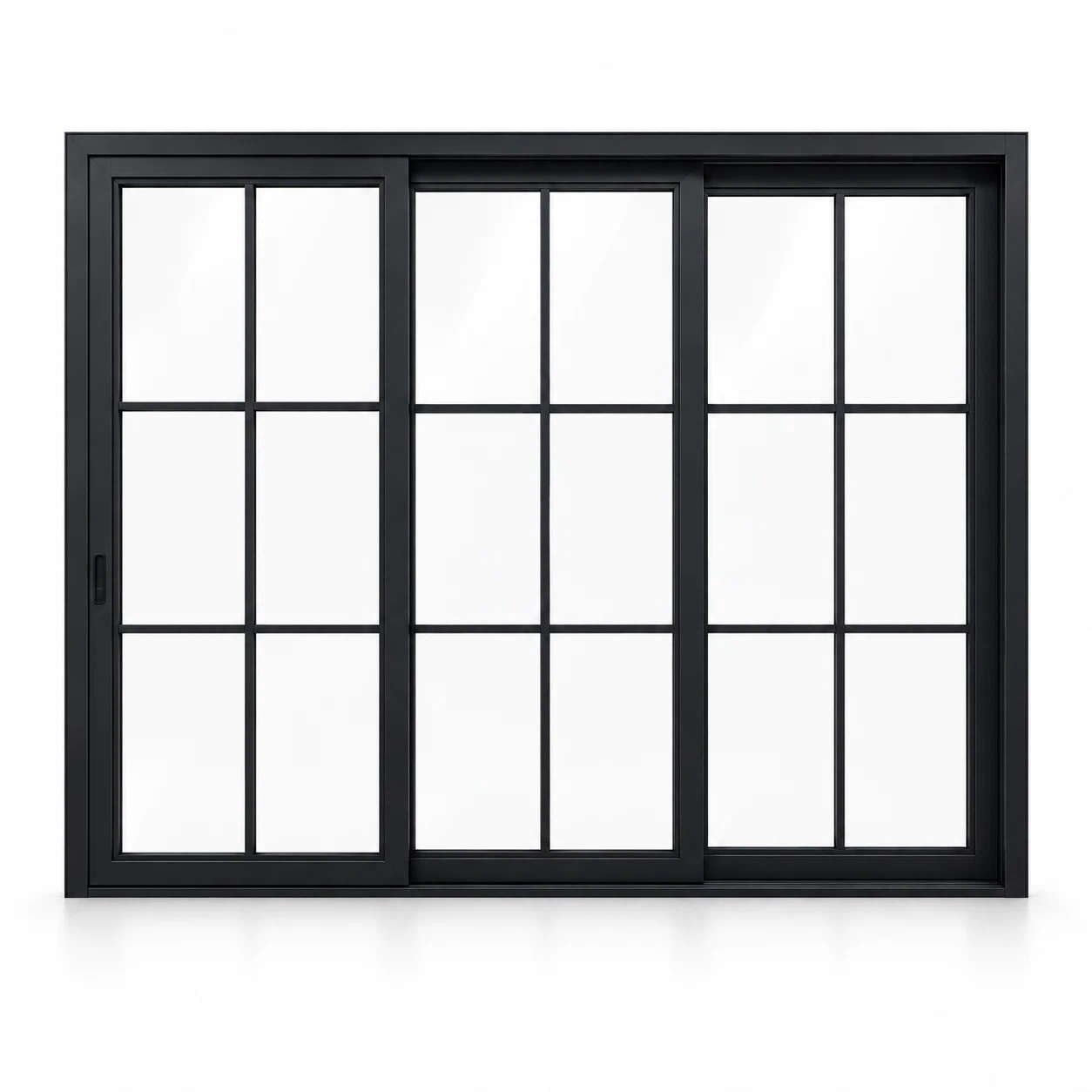 6-lite 3-panel black steel sliding door on white background — product visualization