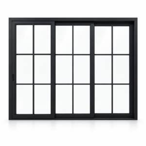6-lite 3-panel black steel sliding door on white background — product visualization
