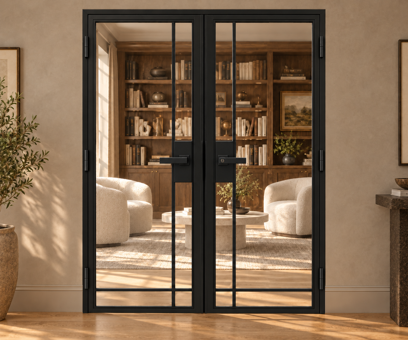 4 Lite Bottom Inward Interior Steel Double Door with included lever hardware — library view