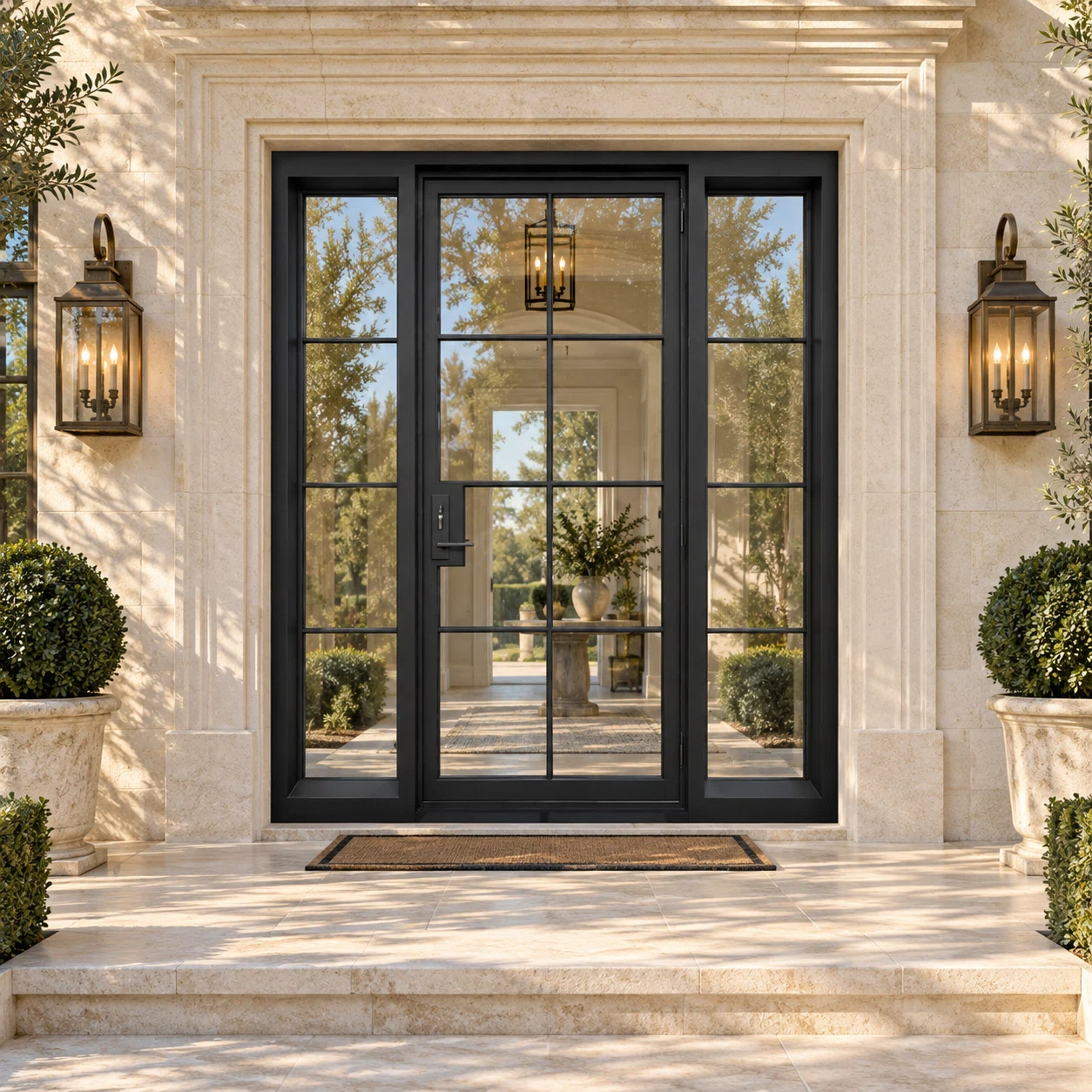 Eastmere single iron French door with two sidelights in a luxury limestone setting — design visualization