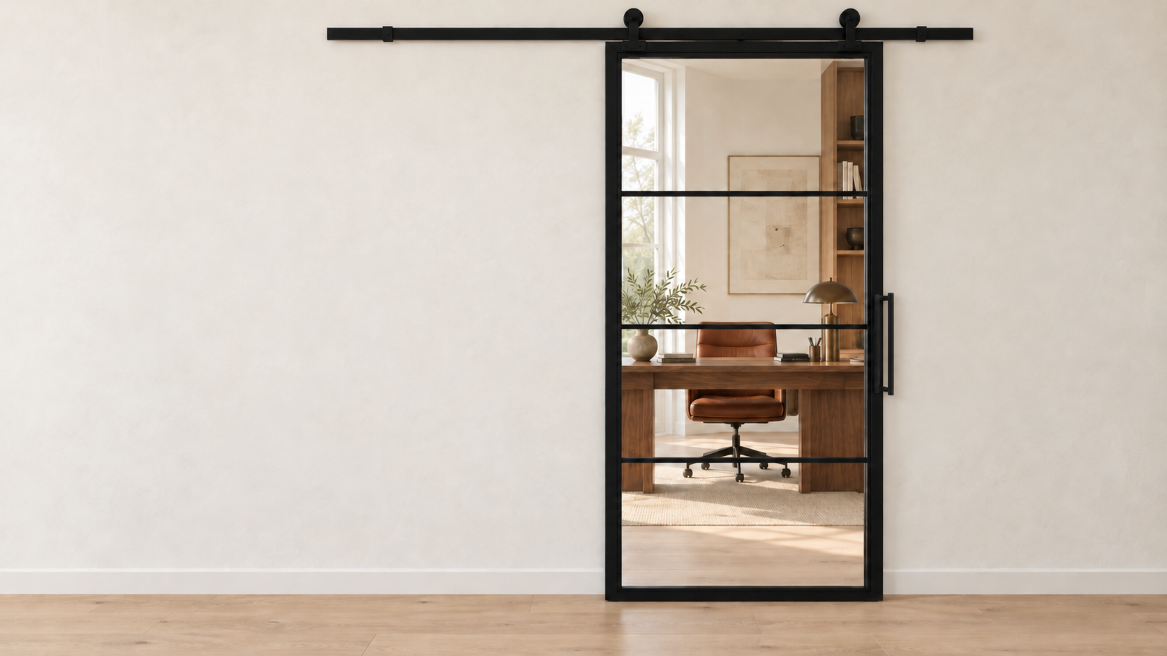 USABD 4 Lite clear glass interior steel barn door with included rectangular pull — office