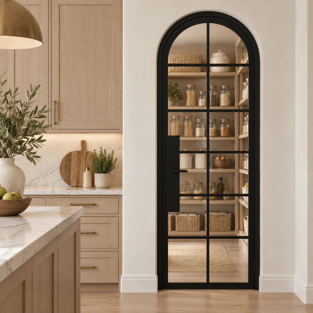 12 Lite Steel Pantry Round Top French Door leading into an oak pantry from an ivory kitchen — product visualization