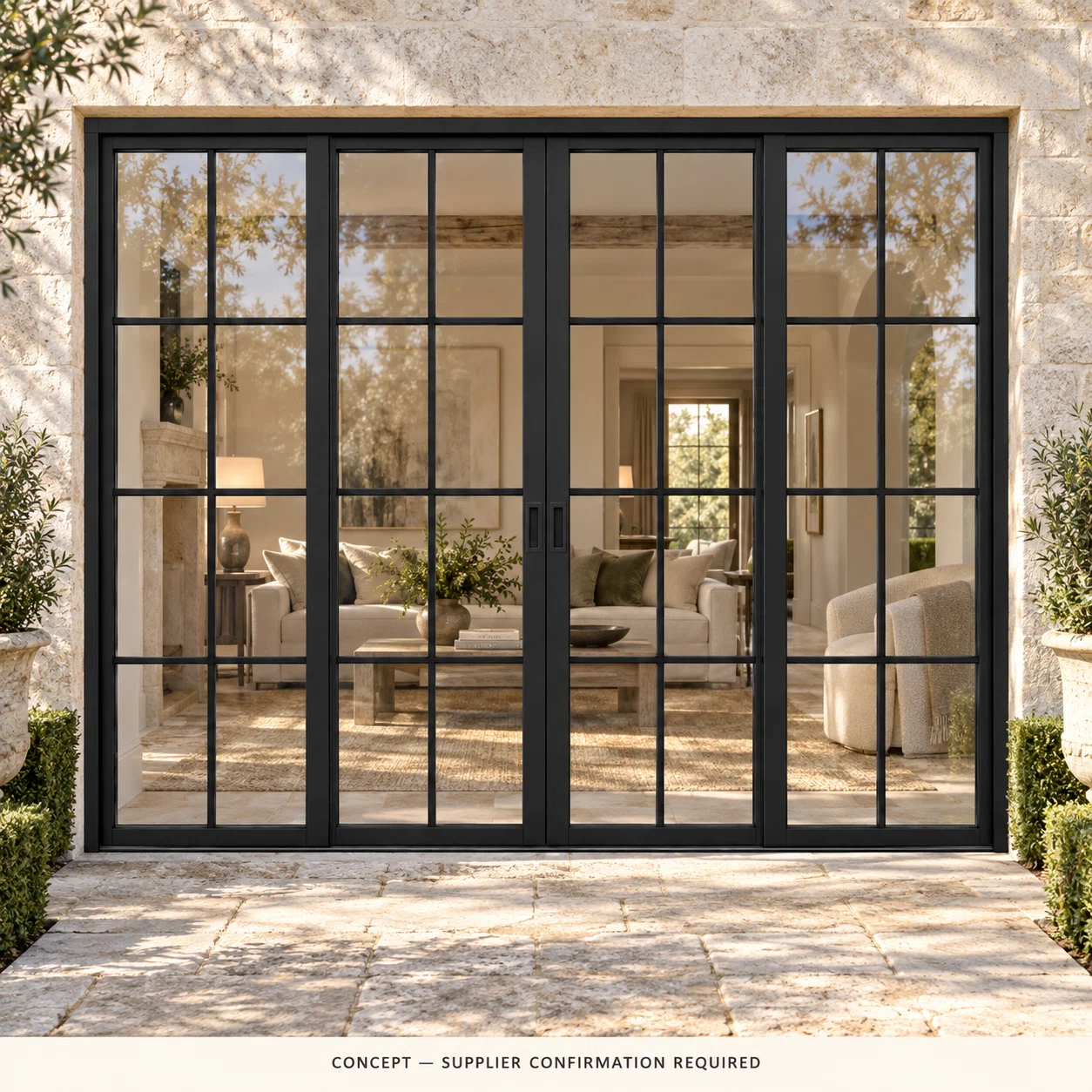 D038 32-pane pocket-slider estate CONCEPT ONLY — supplier confirmation required; not verified construction.