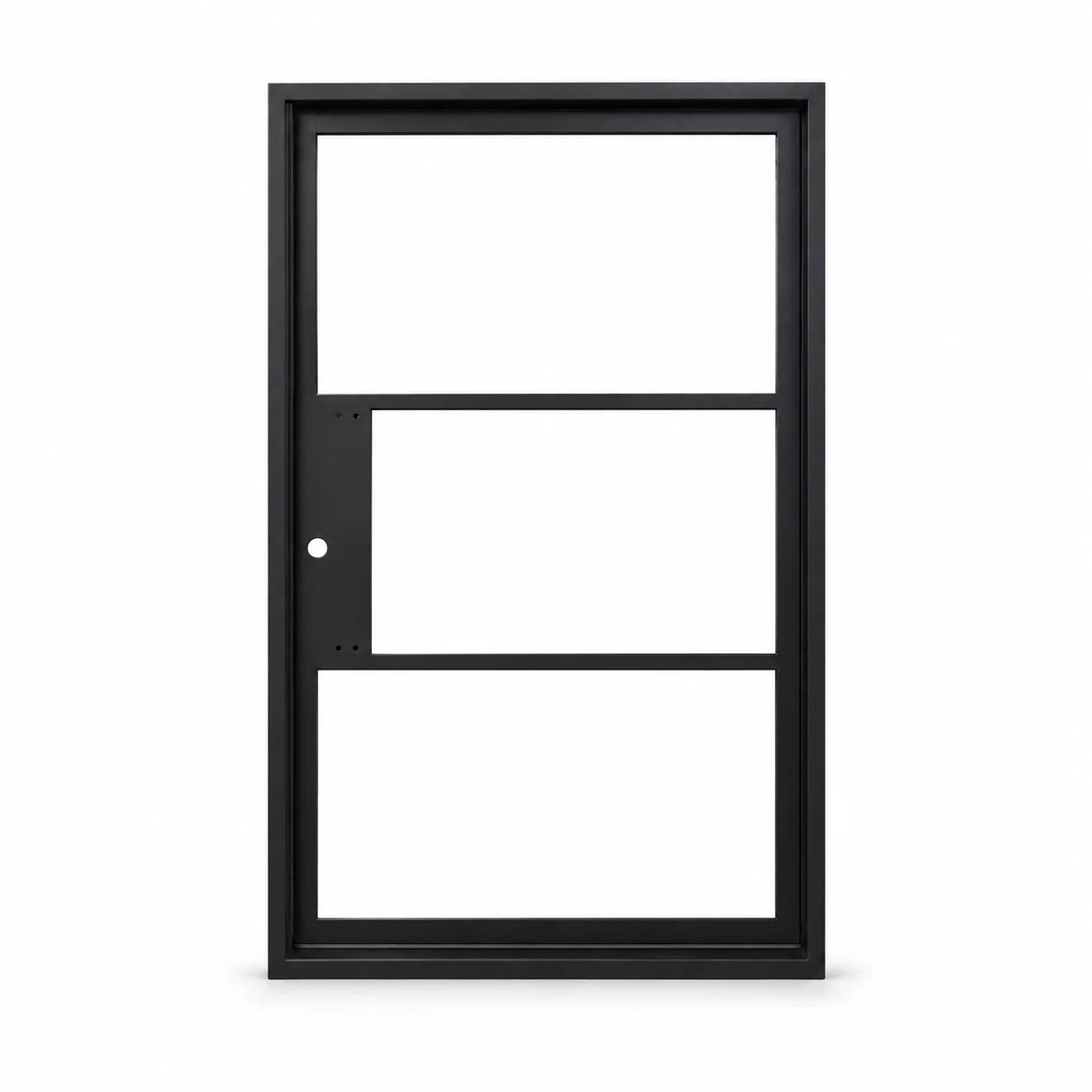 Black 3-Lite pivot steel door on a white background — product visualization