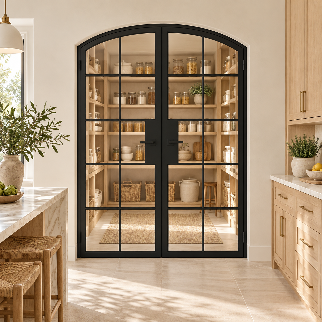 10 Lite Steel Pantry Arched Top French Double Door leading into an oak pantry from an ivory kitchen — product visualization