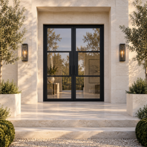 Lite 3 Double thermally broken black steel door in a luxury limestone exterior — lifestyle visualization