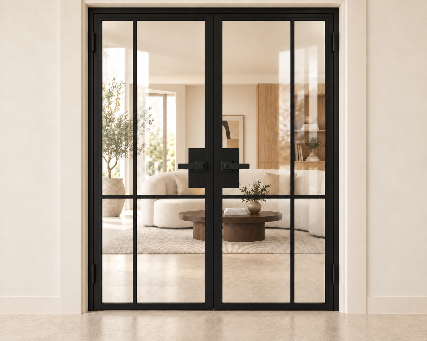 4 Lite Offset Lower Grid Interior Steel Double Door with included lever hardware — living view