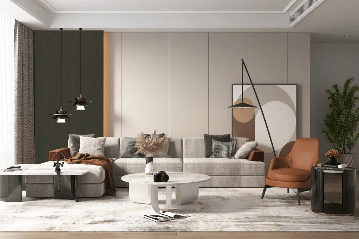 Modern living room with a large grey sofa, brown chair, and a light grey wall featuring a natural veneered oak wall panel.