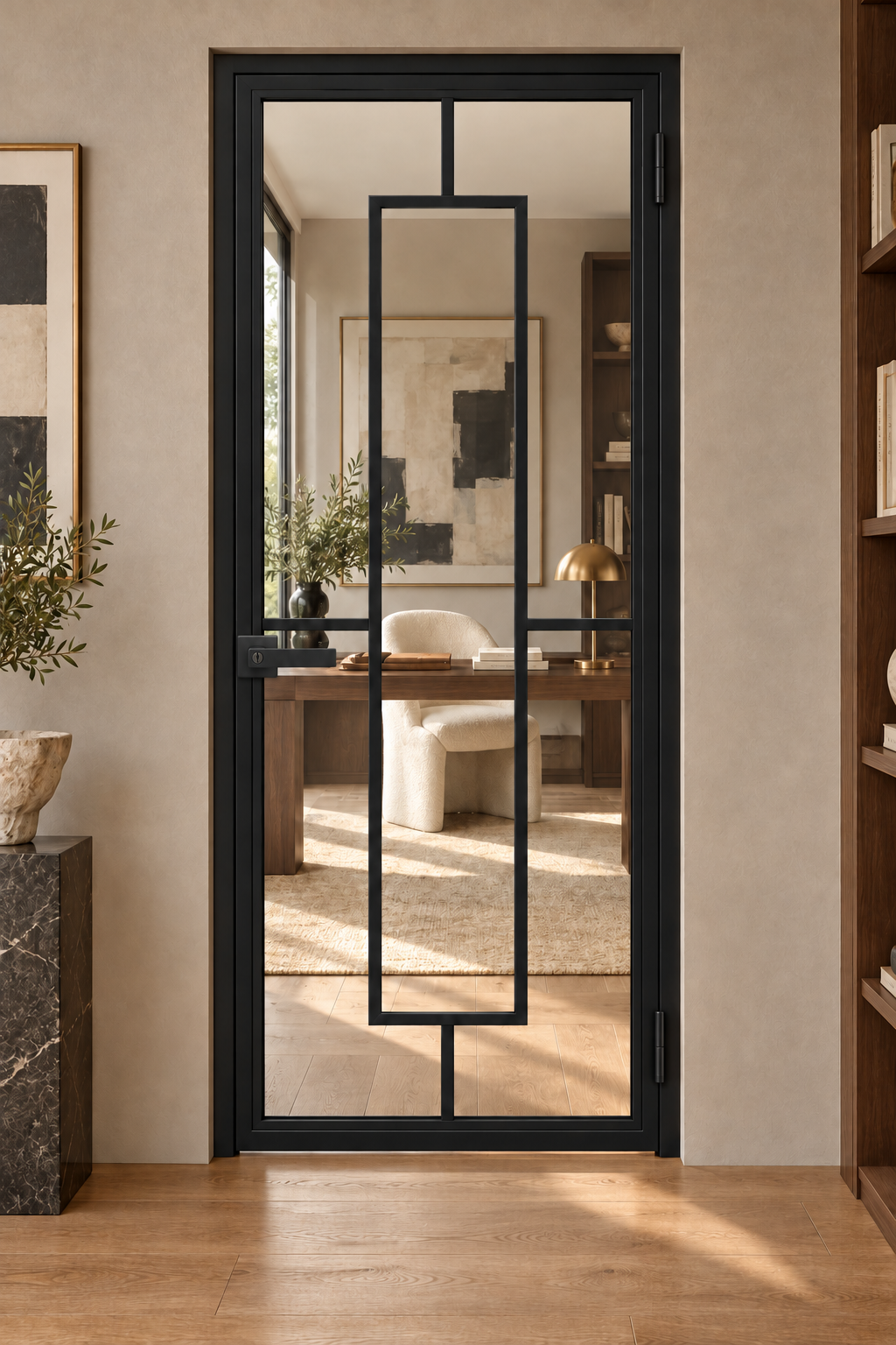 5 Lite Interior Steel Door with Central Rectangle and included matte black keyed lever — study