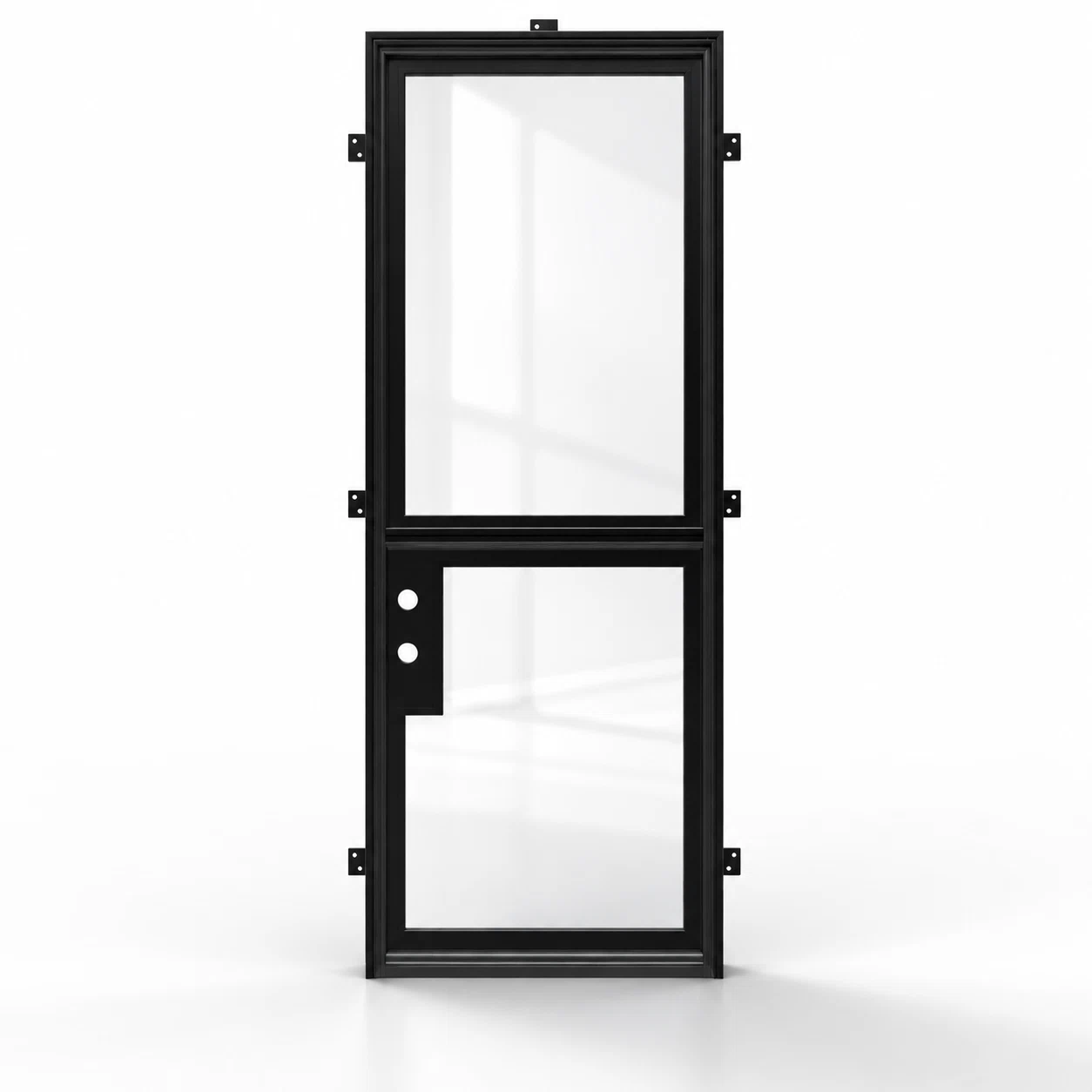 Black two-lite single steel Dutch door with hardware preparation on white — product visualization