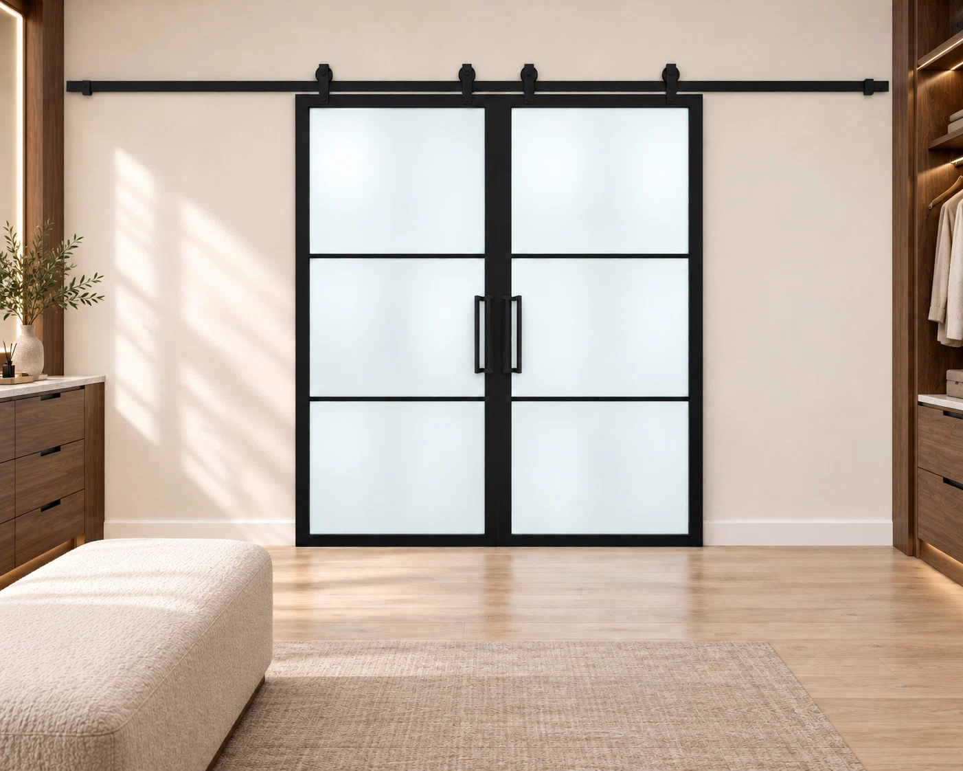 USABD 3 Lite Frosted Double Barn Door with included rectangular pulls — dressing