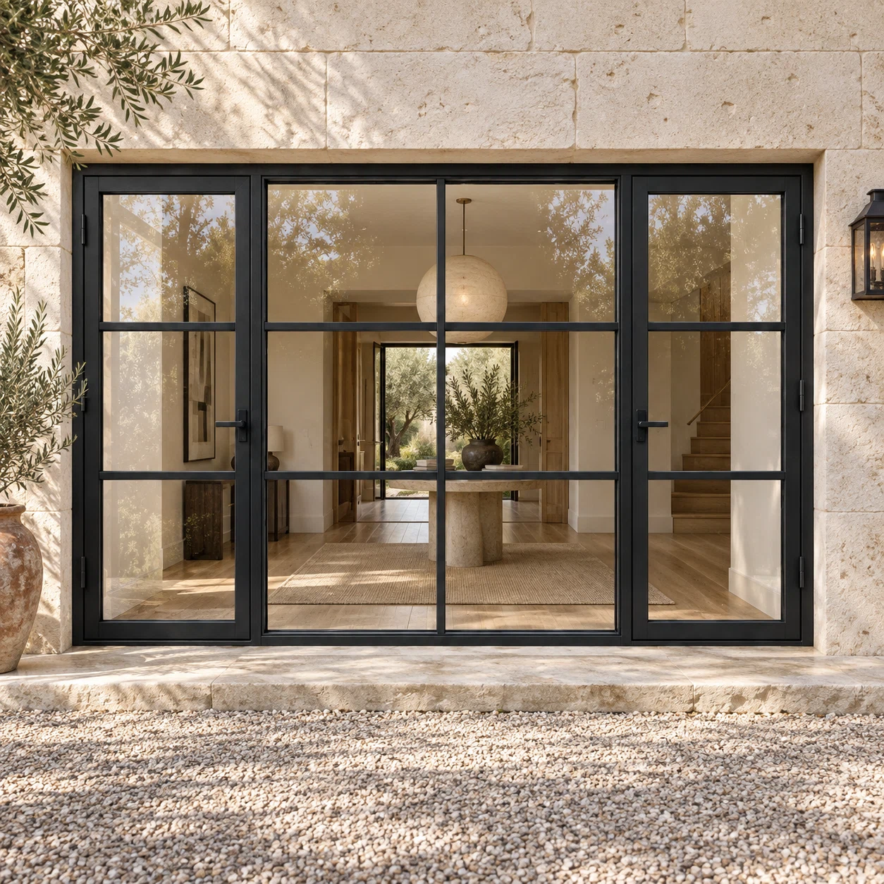 Three-lite dual single steel doors with six-lite fixed center panel — villa AI design visualization; hardware illustrative