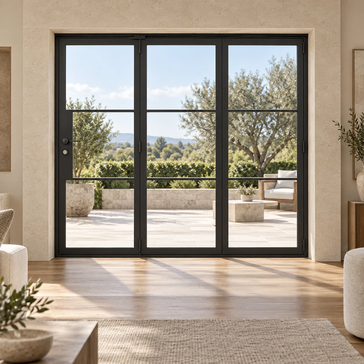 3-lite three-panel black steel bifold door in a limestone living room opening to a terrace — lifestyle visualization