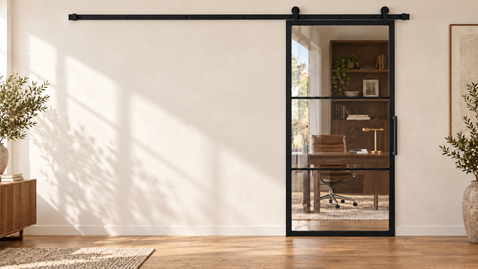 USABD 3 Lite Interior Steel French Barn Door with included rectangular pull — office